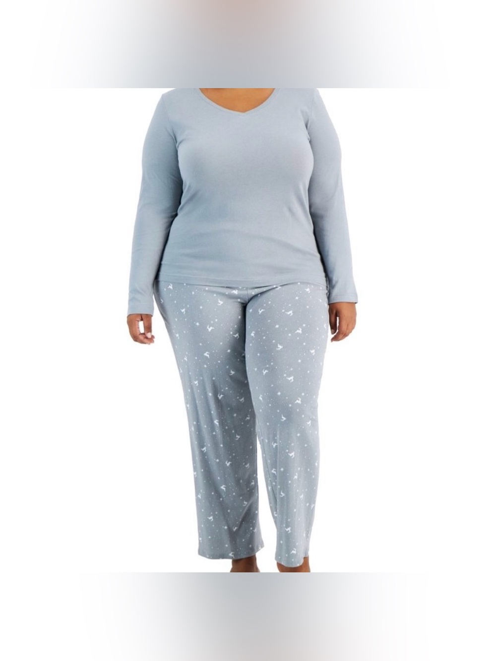 Charter Club Light Blue V-Neck Long Sleeve Pajama Set with Printed Pants